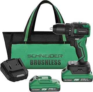 SCHNEIDER 20V MAX Cordless Drill Driver, Brushless, 619 in-lbs, 1/2 Inch Electric Drill, 2 Speed, 2 Batteries and Charger Included