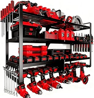 Large Power Tool Organizer Wall Mount, 4 Layer Heavy Duty 8 Cordless Drill Holder Tool Storage Rack, Load 400lbs Utility Power Tool Rack for Garage,Workbench,Workshop,Gifts for Men