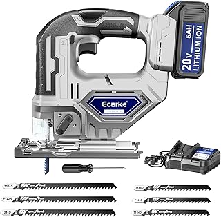 Ecarke Cordless Jigsaw Compatible with Dewalt 20V, Brushless Motor, Variable Speed, LED Light, 0°-45° Bevel Cuts, 3-Position Orbital Action for Cutting (With 5Ah Battery & Charger Station Kit)