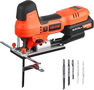 VEVOR Cordless Jig Saw, 20 V Brushless Motor, 3500 SPM Blade Speed, Cordless Jigsaw with 6 pcs Blades, LED Light, 6 Variable Speed, 0-45° Bevel Cuts, 4 Orbital Settings for Straight/Circle Cutting