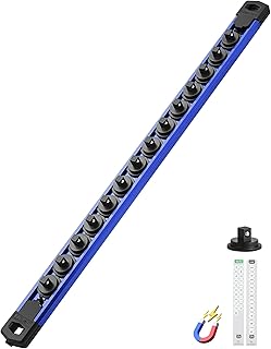 ALOANES Magnetic Socket Organizer Set, 1/4-Inch Drive Heavy Duty Aluminum Socket Rail Organizer, 360° Swivel Clips Socket Rail for Sockets Storage, 1/4-Inch Socket Holder x 14 Clips (Blue, 1PC)