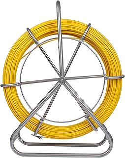 FAHKNS 656FT Fish Tape Fiberglass 1/4 inch(6MM) Fishing Wire Puller Duct Rodder Cable Running Electrical Fishtape Tool Rod with Steel Reel Stand Through Wall Pipe Length Marking in Meter