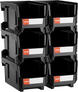 VEVOR Plastic Stackable Storage Bins, 14.8 x 8.5 x 7.1 inch (6 Pack), Plastic Containers for Organizing and Storage Bins for Closet, Garage, Small Parts, Office Supplies and Other Accessories, Black