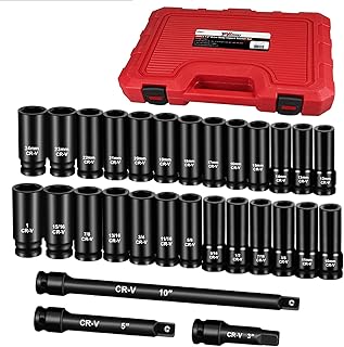 YIYITOOLS 1/2 Drive Socket Set, 29-Piece Deep Impact Socket Set, Standard SAE (3/8"- 1"), Metric (10mm-24mm) Sockets with 3", 5", 10" Impact Extension Bar, Cr-V Steel, Colored Groove