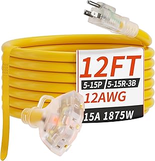 12 FT 12/3 Gauge Outdoor Extension Cord with Multiple Outlets Light Indicator, Flexible 3 Outlet Weatherproof Heavy Duty Extension Cord Waterproof Yellow, 15A 1875W 12AWG SJTW, ETL Listed