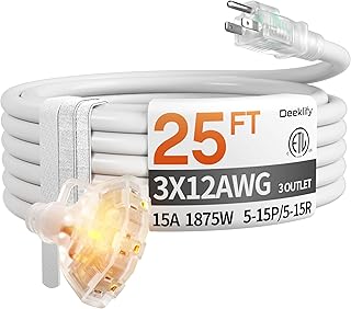25 ft 12 Gauge Heavy Duty 3 Outlet Extension Cord Splitter with Indicator, Waterproof Outdoor Extension Cord with Multiple Outlets, 15A 1875W for Small Appliances, ETL Listed, White SJTW