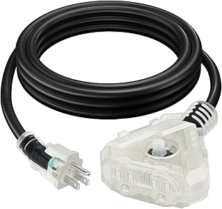 15FT 14/3 Heavy Duty Outdoor Extension Cord with Multiple Outlets 14 Gauge 6-Outlet SJTW Extension Cord Waterproof 3 Prong for Garage Workshop 15A 125V 1875W ETL Listed