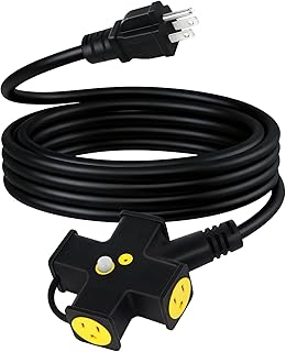 10FT 14 Gauge Outdoor Multi Outlet Extension Cord Heavy Duty Power Strip with 4 Outlet Waterproof 3 Prong Power Cord with 15A Circuit Breaker SJTW ETL Listed for Garage Workshop