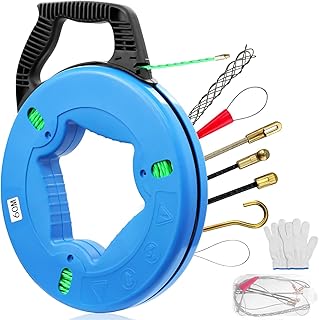 Fish Tape Wire Puller 4.5mm 196FT, Electrical Fish Tape with 7 pcs Leader Tip, Fish Tape Fiberglass, PET Wire Fishing Tools Cable Running Rod with Steel Reel Stand for Wiring