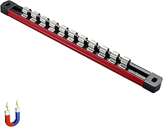 ALOANES 1/2-Inch Drive Magnetic Socket Organizer, Heavy Duty Aluminum Socket Rails, 11 Stainless Clips (Red)