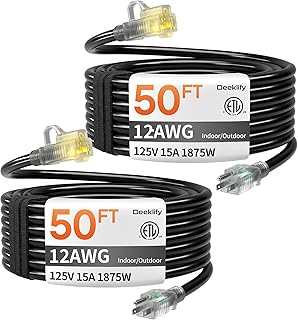 2 Pack 12 Gauge 50 FT Heavy Duty Outdoor Extension Cord Waterproof with Lighted End,Black 12 Gauge Extension Cord Flexible and Cold Resistant 3 Prong Grounded Plug,15Amp 1875W SJTW ETL Listed