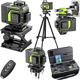 16 Line Laser Level 360 Self Leveling, 4x360°Professional 4D Green Cross Line laser Level with 2 Batteries, Adjustable Brightness & Remote Control, for Tiling Floor Construction and Picture Hanging