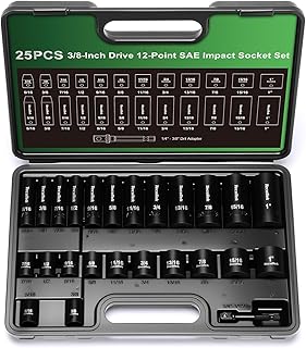 25 Pieces 3/8-Inch Drive Deep and Shallow 12-Point Impact Socket Set, CR-V, 5/16" - 1", SAE, 1/4"-3/8" Drill Adapter
