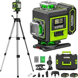 Alloyman Laser Level with Tripod, 4 × 360° Self Leveling Laser Level, Nivel Laser Green Line Lazer Leveler Tool for Picture Hanging, Home Renovation, Indoor Project, 2*Battery&Carrying Bag Included