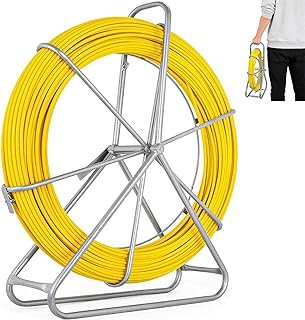 425FT Fish Tape Fiberglass 1/4 inch(6MM), Fishing Wire Puller Duct Rodder Cable Running Electrical Fishtape Tool Rod with Steel Reel Stand Through Wall Pipe Length Marking in Meter, Non-Conductive