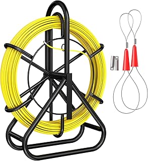 Fiberglass Fish Tape 650ft, 6mm, Duct Rodder Fishtape Fiber Glass, Electrical Cable Wire Puller Fishing Tape, Heavy Duty Cable Running Rod with Steel Reel Stand