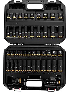 BLACK CANYON 3/8" Drive Impact Socket Set, 45-Piece 6-Point Deep/Standard Impact Sockets (Metric 8-19mm and SAE 1/4"-3/4") Cr-Mo Steel with Extension, Adapter, Easy Operation for Auto Repair