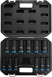 BLACK CANYON 1/2" Drive Impact Socket Set, 12-Piece SAE 6-Point Deep Sockets (3/8"-1-1/16") Cr-Mo Steel, Optimized Thickness, Heavy-Duty Case for Auto & Industrial Repair