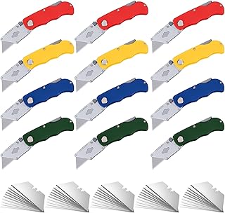 12 Pack Folding Utility Knife with 50 Extra Blades, Heavy Duty Foldable Razor Knife Box Opener for Cartons Cardboard Plastic Sheets, 4 Color Zinc Alloy Plastic Box Cutter for Home Office Warehouse