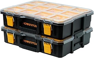 POWERTEC Small Parts Organizer & Tool Box – 10 Compartments, IP65 Water & Dust Protection, Stackable Storage with Interlocking Latch, Removable Tray, Clear Lid, Portable Design, 2-Pack (72365-P2)