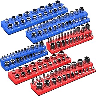 Magnetic Socket Organizer Set, 6-Piece Socket Holder Trays for 1/4" 3/8" 1/2" Drive, Holds up to 143 Sockets, Compatible with Metric and SAE Sizes (Blue & Red)
