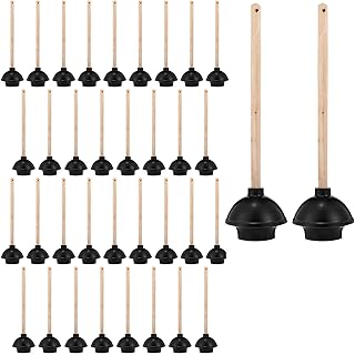 Dandat 36 Pcs Rubber Toilet Plunger with Double Thrust Force Suction Cup Long Wooden Handle Toilet Bowl Plunger Heavy Duty Pump Clogged Solution for Bathroom Stores Restaurants (Black)