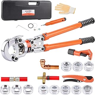 HZLZRZ Professional Universal Pipe Crimping Tool Kit, 6 Dies for Copper 1/2" 3/4" 1" and F877 PEX, with 3/8",1/2",5/8",3/4",1" ASTM F1807 PEX Rings and Pipe Cutter, Pro Press Crimper (MCT-1632C)