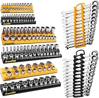 8-Piece Professional Tool Organizer Set: 6-Piece Magnetic Socket Organizer & 2-Piece Wrench Holders for 1/4", 3/8", 1/2" Drive SAE & Metric Sockets and Wrenches | Saves Space & Easy Access