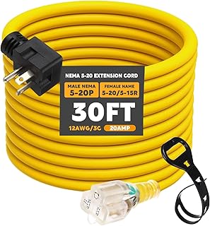 Kanayu 30 FT NEMA 5-20 Extension Cord, 5-20P Male Plug to 5-20/5-15R Female Receptacle, 20 Amp T-Blade Outlet Extension Power Cord with Indicator Light, 12 AWG, ETL Listed