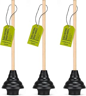 SteadMax XTS-65-PRO Heavy Duty Toilet Plunger, Commercial Grade, Powerful Double Thrust Force Rubber Cup with Wood Handle, for Clogged Bathroom, Shower, and Kitchen, 3 Pack (22" x 5.75")