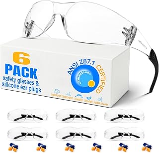 Clear Safety Glasses 6 Pack for Men & Women – ANSI Z87.1 Certified,6 Silicone Earplugs (NRR 25dB) – Impact Resistant Eyewear for DIY, Construction, Shooting, Labs, Lawn Mowing, Woodworking