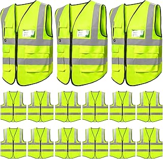 GEMLORD 15 Pack Reflective Safety Vests with Pockets and Zipper, High Visibility Work Safety Vest for Men and Women, Fluorescent Green