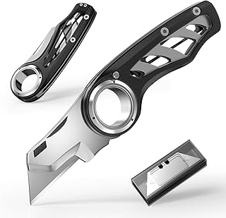 Folding Utility Knife Pocket Knife, Heavy-Duty Box Cutter with Aluminum Body, Quick Change Blades, Anti Slip Finger Loop, Box Cutter for Home, Office, Warehouse, Durable Razor Knife, Box Knife - Black