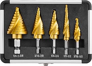 5PCS Step Drill Bit Set with Two Spiral Grooves, 50 Sizes (3/16" to 1-3/8") HSS Titanium Coated Step Bits for Metal, Aluminum, Wood & Plastic - with Aluminum Case for Electricians & DIY