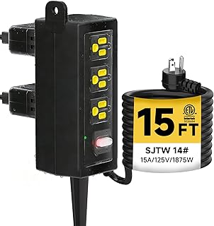 IP66 Outdoor Power Strip Fully Waterproof, 6 AC 15 Ft, 1875W/15A 14AWG Heavy-Duty SJTW Extension Cord, All-Weather, Surge Protection, Ideal for Outdoor, Patios, Garden, Pool Party, RV,Black
