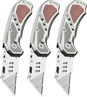 Box Cutter with Belt Clip, Heavy Duty Utility Knife for Cartons, Cardboard, Carpet and Leather, with Wood Handle and Extra 11 SK5 Blades(*3)