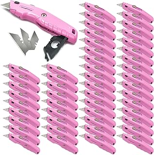 Pink Power Box Cutter Retractable, Pink Utility Knife for Carpet, Cute Box Cutter Knife Heavy Duty with 3 Blades and Storage Compartment - Opener Pocket Utility Tools for Women (50)