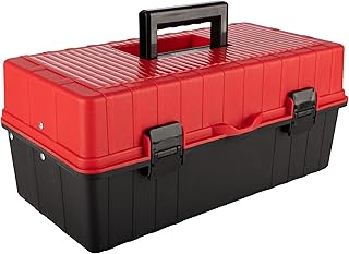 Plastic Tool Box Organizer - 15.94-Inch 3-Tier Portable Toolbox or Tackle Box Organizer with Handle for Tools, Craft Storage, Hobby Supplies or Art Bin by Stalwart (Red)