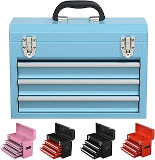 3 Drawers small Tool Box,Portable 3 Drawer Steel Tool Box with Locking System toolbox organization with Liner for Tools Storage (Blue)