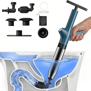 HAMITOR Toilet Plunger Drain Clog Remover: High Pressure Air Plunger & Heavy Duty Toilet Snake with Barometer for Sink, Drain Clogs - Unclogging Tool for Failed Traditional Plungers, Blue