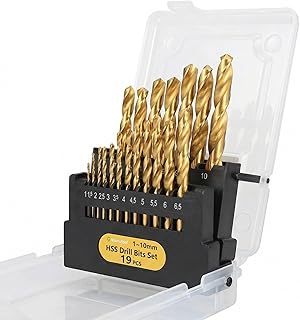 19-Piece Metric HSS (4341 Alloy Steel) Titanium Coated Twist Drill Bit Set, 1.0–10mm Straight Shank, for Wood, Plastic, Soft Metal, Sheet Metal, DIY, Home Improvement