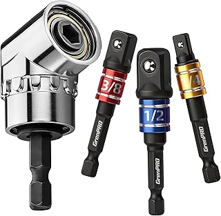 Impact Grade Socket Adapter Set 4PCS, 1/4" 3/8" 1/2" Hex Shank Extension Adapters + 105° Right Angle Drill Attachment, Power Hand Tools for Impact Driver, Household, Workplace & Industry