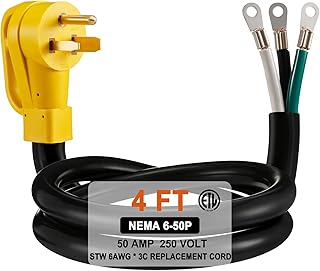 NEMA 6-50 Range Power Cord, STW 6AWG/3C Heavy Duty 3 Prong Replacement Power Cord, 250V 6-50P Pigtail for Tesla EV Charger Welder Garage Heater, 4FT, ETL Listed