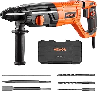 VEVOR Rotary Hammer Drill, 1-1/8 in SDS-Plus Electric Corded Heavy Duty Rotary Hammer, 4 Functions, Including 3 Drill Bits, Flat Chisel, Pointed Chisel, and Carrying Case, for Concrete and Masonry