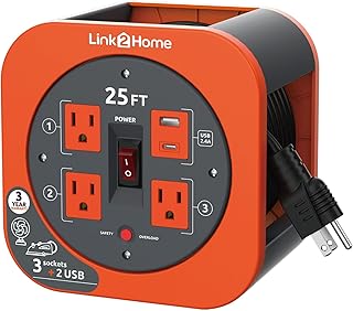 Link2Home 25 ft Retractable Extension Cord Reel – 16 AWG SJT Cable, 3 Grounded Outlets, 2 USB A/C Ports (2.4A Fast Charge), Built-In Circuit Breaker, Compact & Tangle-Free Power Reel, Orange
