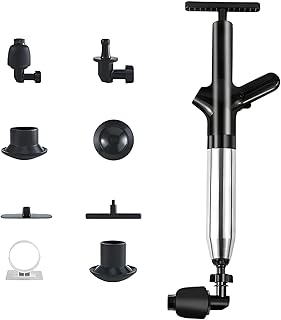 Air-Powered Drain Blaster Toilet Plunger, Multi-Attachment Clog Remover Tool, 304 Stainless Steel, Adhesive Hook Storage