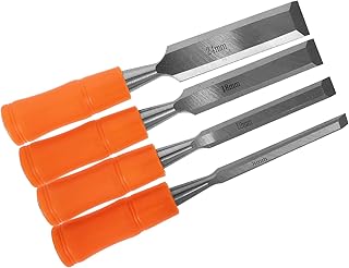 4 Pieces Woodworking Chisel Set with Plastic Handle, High Carbon Steel Flat Tip Carving Chisels for Manual Woodworking, Handheld Wood Craft Tool for DIY Wood Carving and Handicraft